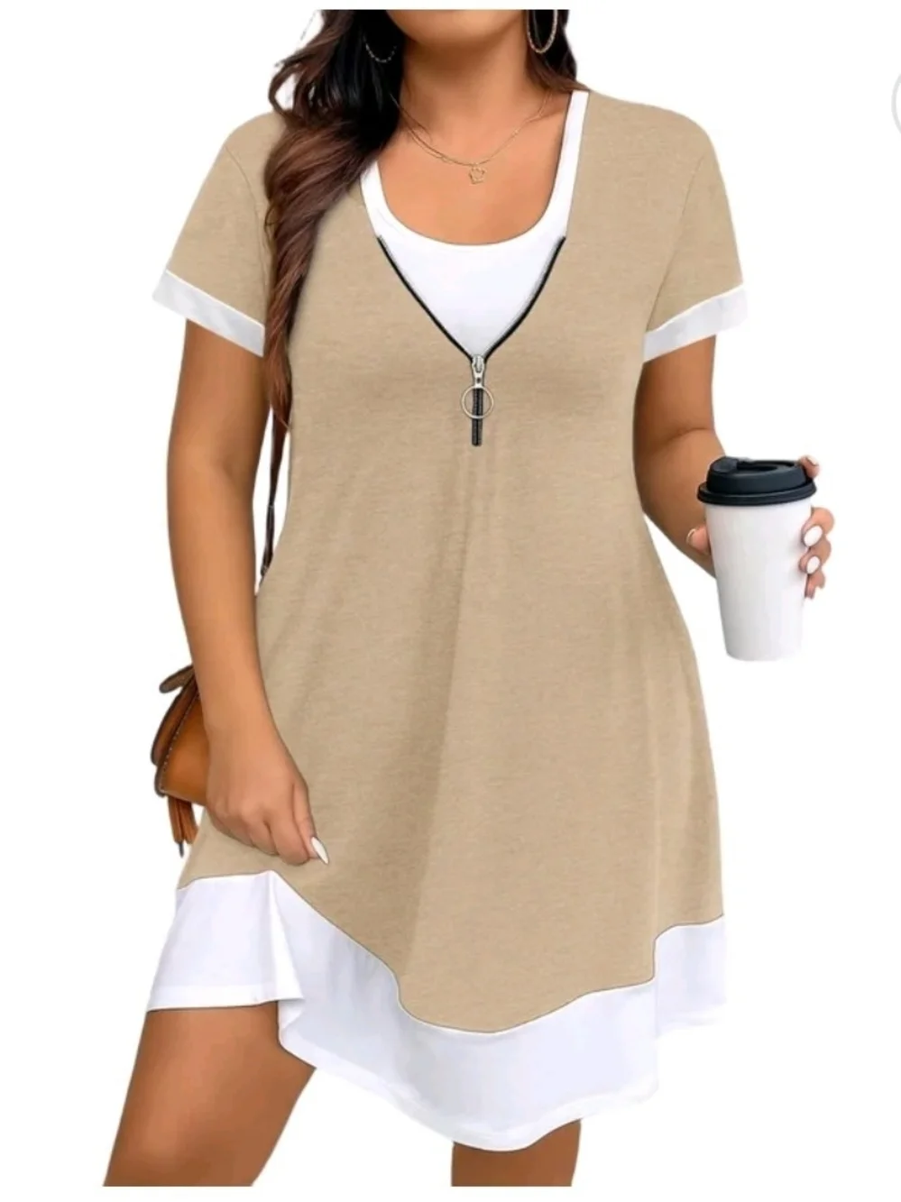Beige Zip-Detail Dress